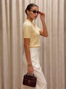 FOR BEAUTY 女款夏季優雅黃色針織 Polo 上衣，短袖柔軟針織套頭衫，休閒通勤日常度假輕量毛衣 - 黃色 - 查看 7