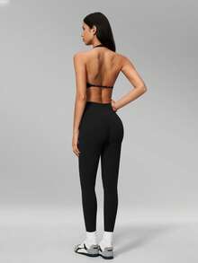 MFVIM 2pcs Set Neck-Hanging Backless Sports Bra & High-Waist Slimming Micro-Compression Peach Butt Cropped Yoga Pants For Women - Premium Black - View 10