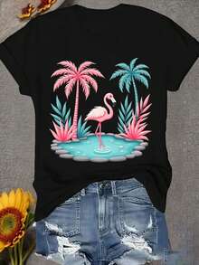 Plus Size, Women's Plus Size Oversized T-Shirt - Tropical Flamingo Print Short Sleeve Crew Neck Loose Fit Tee, Casual Summer Beachwear With Flamingo & - Black - View 1