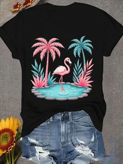 Talla Grande, Camiseta Oversized de Talla Grande para Mujer - Camiseta de Manga Corta con Cuello Redondo y Estampado de Flamenco Tropical, Ropa de Playa Casual de Verano con Flamenco &
