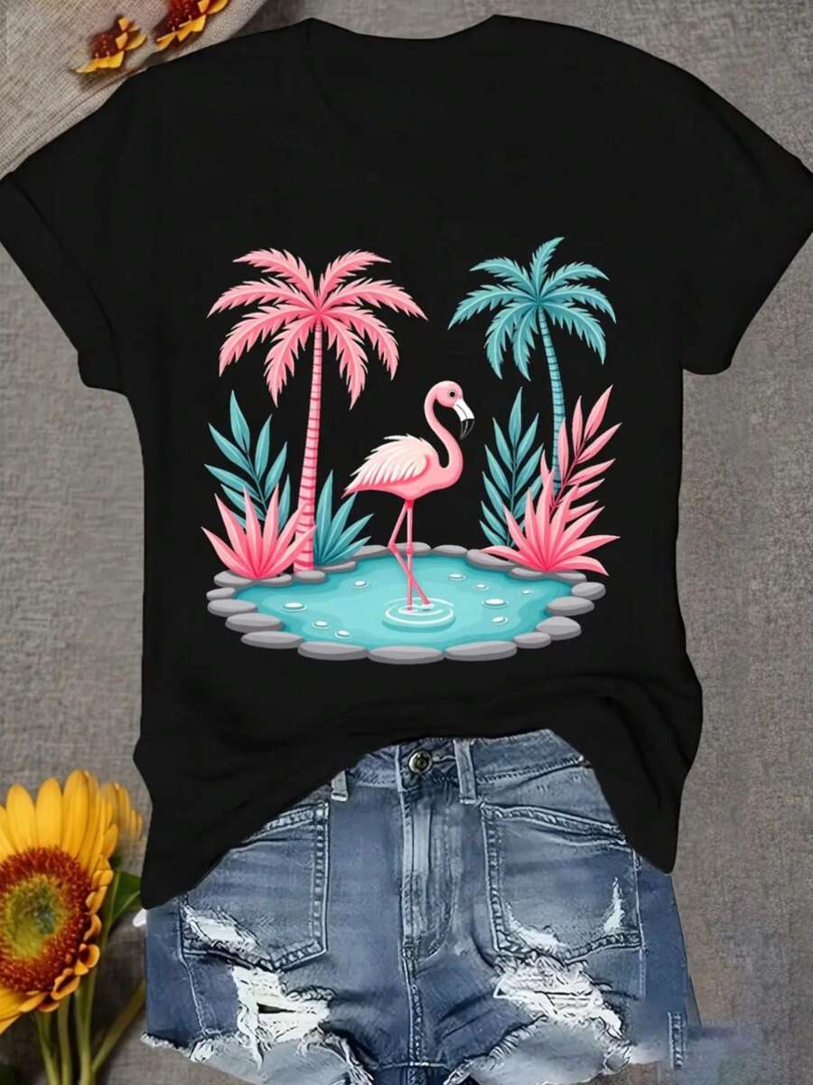 Plus Size, Women's Plus Size Oversized T-Shirt - Tropical Flamingo Print Short Sleeve Crew Neck Loose Fit Tee, Casual Summer Beachwear With Flamingo & - Black - View 1