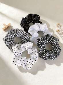 5pcs Vintage Brown Hair Scrunchies Set, Polka Dot & Plaid Print Hairbands, Essential For Daily Styling - Black - View 1