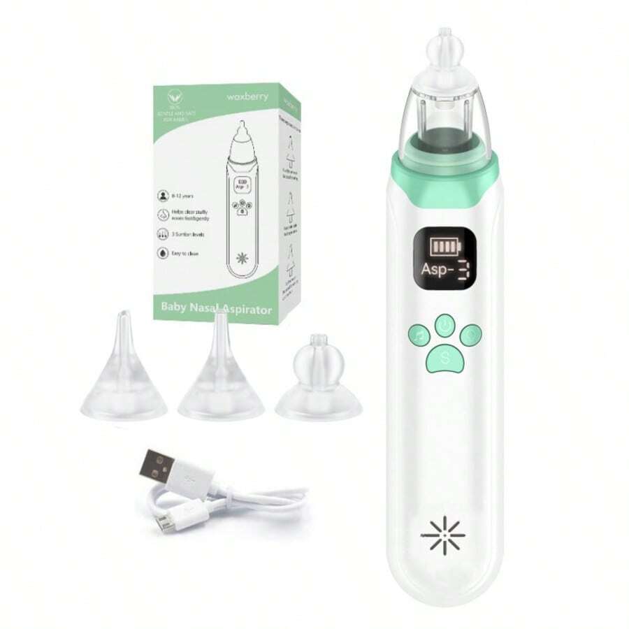 可充電電動嬰兒鼻吸器，附音樂 + 3段吸力，含3個矽膠吸頭，嬰兒鼻涕清潔器