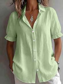 Plus Size Women's Fashion Green Button Short Sleeve Shirt, Vintage Style, Ruffle Short Sleeve Summer - Mint Green - View 2