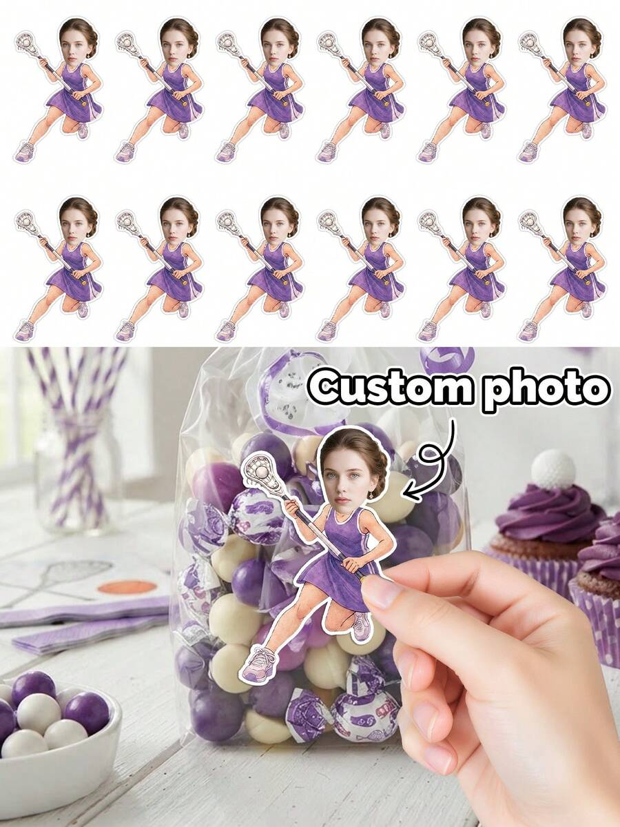 15/30/60pc Custom Face Lacrosse Player Girl Cartoon Stickers,Personalized Photo Athlete Decals,Sports Journal Decor Sticker,High School Lacrosse Team Senior Night Party Favor,Sports Birthday Decor Gift,Gift Wrapping Sticker - Multicolor - View 1