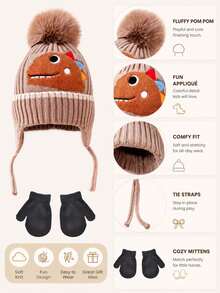 3pcs Hat And Gloves Set, Children's Knitted Woolen Hat, Cartoon Cute, Winter Boys And Girls Baby Hat, Warm Ear Protection, Soft Hand Gloves - Multicolor - View 5