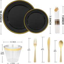 175pcs Black And Gold Disposable Dinnerware Set For 25 Guests Includes Plates Cups And Pre Rolled Napkins With Cutlery For Parties And Events - Black Or Gold - View 2