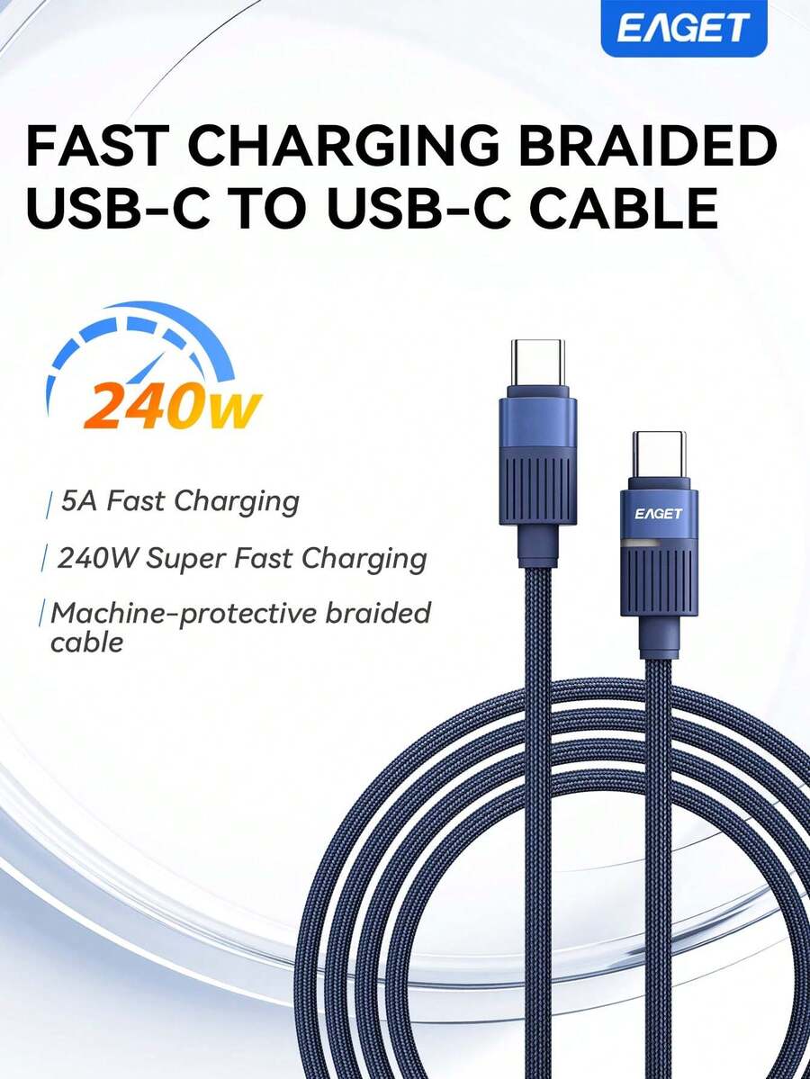EAGET 240W 5A Braided USB-C Fast Charging Cable Durable Nylon Cord For Type-C Devices - Blue - View 1
