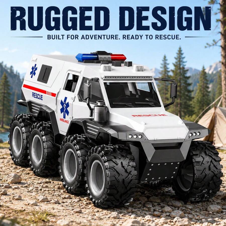 TEMI Ambulance Off-Road Rescue Toy Car, Suitable For 3 Years And Above, 8-Wheel Armored Climbing Car, No Battery Required, Inertia Driven, Interactive Combination Toy Car, Ideal Gift For Birthday And Christmas
