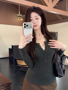 Autumn/Winter Korean Style Slim Fit Sexy Half-Open Collar Cable Knit Button Design Andy Fleece Sweater - Dark Grey - View 1
