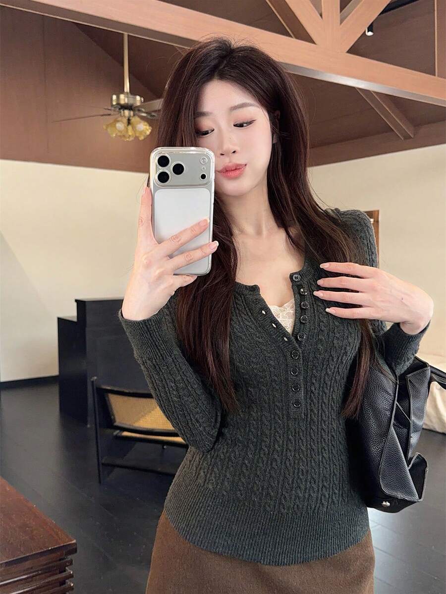 Autumn/Winter Korean Style Slim Fit Sexy Half-Open Collar Cable Knit Button Design Andy Fleece Sweater - Dark Grey - View 1