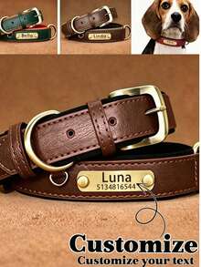 Personalized PU Leather Dog Collar, Soft & Comfortable With Rubber Pad, Customizable ID Tag, Suitable For Small & Medium Dogs, Fashionable & Minimalist Design, Vibrant Colors, Cute & Playful, Vintage, Personalized Gifts, Reflective Design - Brown - View 1