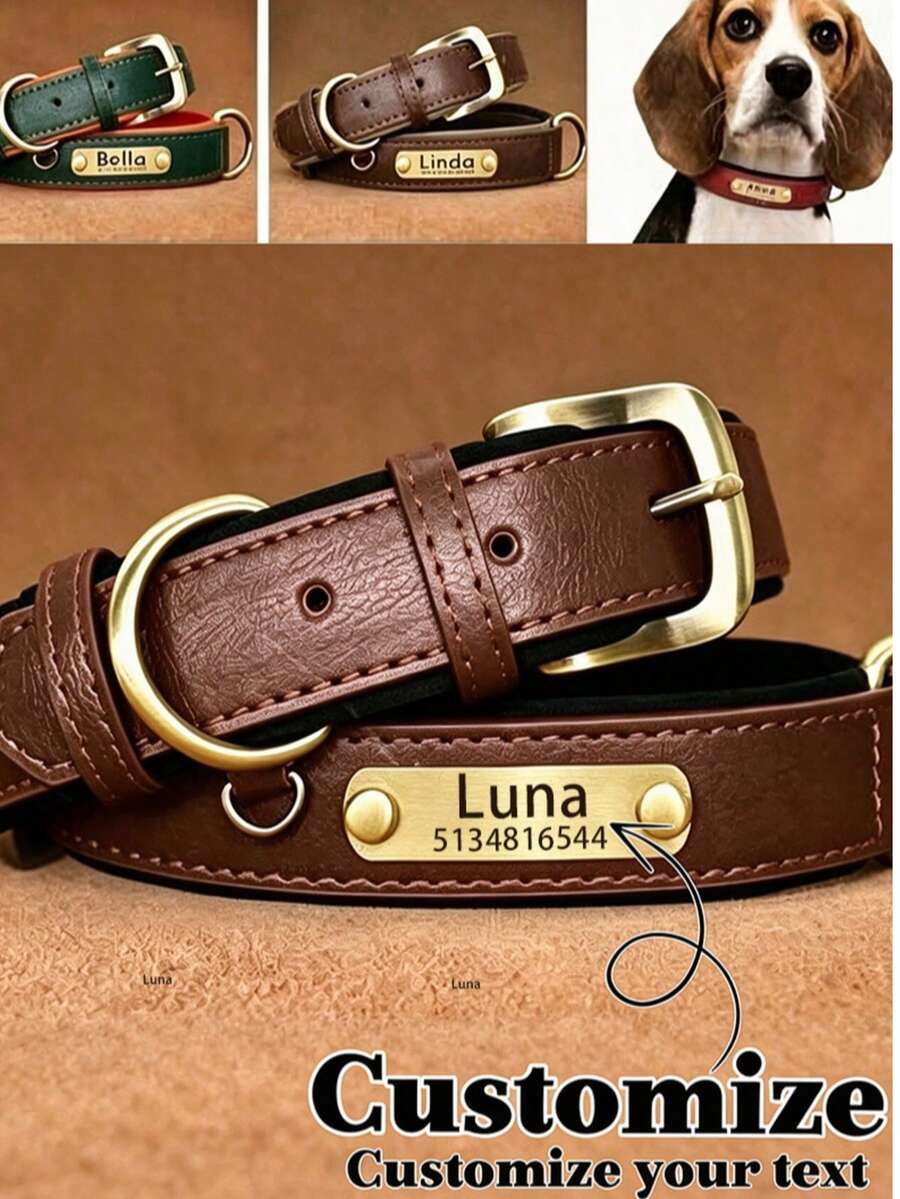 Personalized PU Leather Dog Collar, Soft & Comfortable With Rubber Pad, Customizable ID Tag, Suitable For Small & Medium Dogs, Fashionable & Minimalist Design, Vibrant Colors, Cute & Playful, Vintage, Personalized Gifts, Reflective Design - Brown - View 1