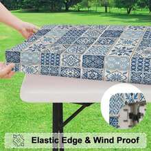 1pc Summer Outdoor Tablecloth, Elastic Band Tablecloth, Patchwork Bohemian Stretchable Washable Tablecloth, Durable Polyester Rectangular Table Cover, Suitable For Camping, Picnic, Bohemian Theme, Garden Party - Indoor/Outdoor Dual Use, Picnic Accessory, Stretchable Hem - A - View 6