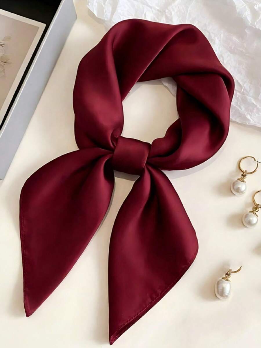 1pc Women's Solid Color Printed Square Silk Scarf Turban Shawl Decorative Scarf For Daily Use - Burgundy - View 1