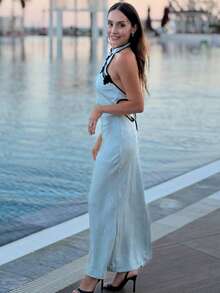 Women's Satin Halter Jacquard Backless Qipao Summer Sleeveless Frog Buttons Chinese Style Party Dress - Blue - View 4