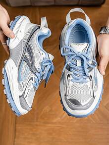 Men's Breathable New Mesh Thick Sole Dad Shoes Casual Height-Increasing Sports Sneakers - Blue - View 2