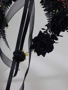 1pc Gothic Black Rose Handheld Hoop Bouquet Elegant Ribbon Bow Spider Floral Ring For Bridesmaid Bridal Wedding Cosplay Photo Props - Black - View 5
