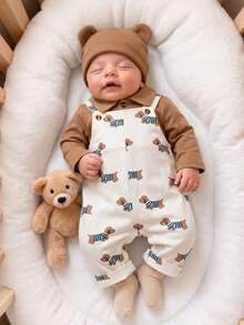 Baby Boy 2pcs Casual Cute Puppy Line Print Shoulder Strap Jumpsuit And POLO Collar Solid Color Long Sleeve Top Set, Comfortable Cute Outfit For Autumn - Khaki - View 2