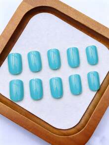 24pcs Mint Green Square Short Classic French Style Full Coverage Nail Tips, Suitable For Party, Date And Daily Wear Nail Supplies Nails - Mint Blue - View 2