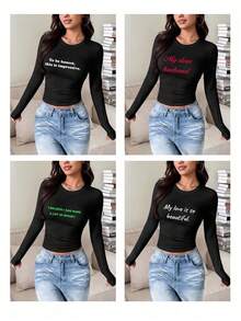 Custom Women's Long Sleeve T-Shirt - Add Your Own Design/Text, Custom Printed Slim Fit T-Shirt, Autumn/Winter Custom Top, Black Spring Top Sports - Black - View 2