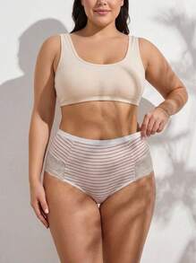 Rosiemei 1pc Red & White Thin Striped Lace Patchwork Wide Waistband Mid-Waist Triangle Panties Energetic Style, Comfortable & Breathable - Multicolor - View 2