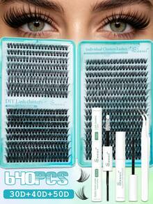 640PCS Lash Clusters Eyelash Extension Kit, 30D 40D 50D Individual Lashes Kit, With Bond And Seal, Remover, Tweezers, Wispy Soft Daily Cluster Lashes, 3D Eyelash Extension Kit, Suitable For Quick DIY Eyelash Makeup At Home, Self Use - Black - View 3