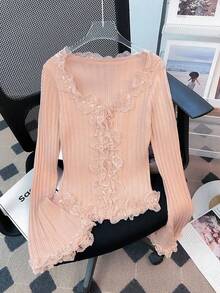 Women's Korean Style V-Neck Ruffle Lace Button-Front Top, Vertical Ribbed Elastic Waist Cropped Flare Sleeve Knit, Early Autumn, Photo Pink Fall - Pink - View 9