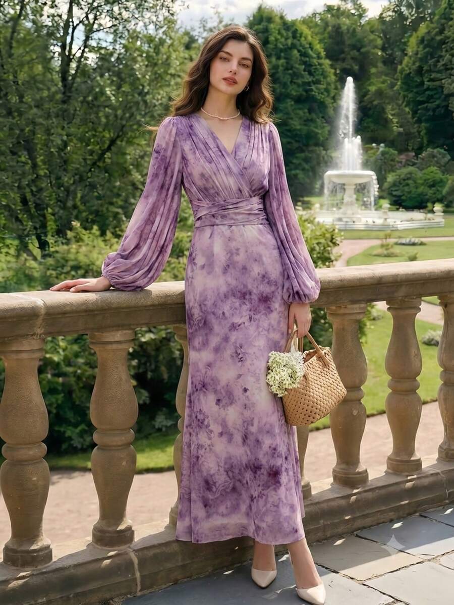 Elegant Abstract Print V-Neck Fitted Midi Dress, Suitable For Evening Party And Wedding Guest Fall - Multicolor - View 1