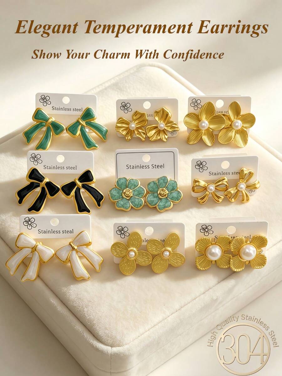 9 Pairs Asymmetric Textured Stainless Steel Fashion Pearl Stud Earrings, Including Flower And Bow Designs. Elegant Pearl Earrings Suitable For Various Occasions, Valentine's Day, Mother's Day, Gifts. High-Quality Hypoallergenic Daily Wear Earrings, Perfect Gift For Family And Friends - Pearl Set - View 1