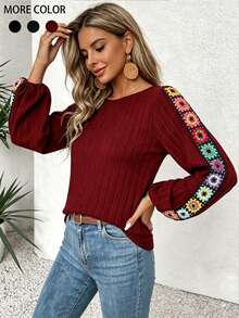 YI XUAN Women's Boho Embroidered Long Sleeve Blouse Round Neck Textured Shirt Colorful Floral Embroidery On Sleeve Casual Fall Daily Wear Tops - Redwood - View 7