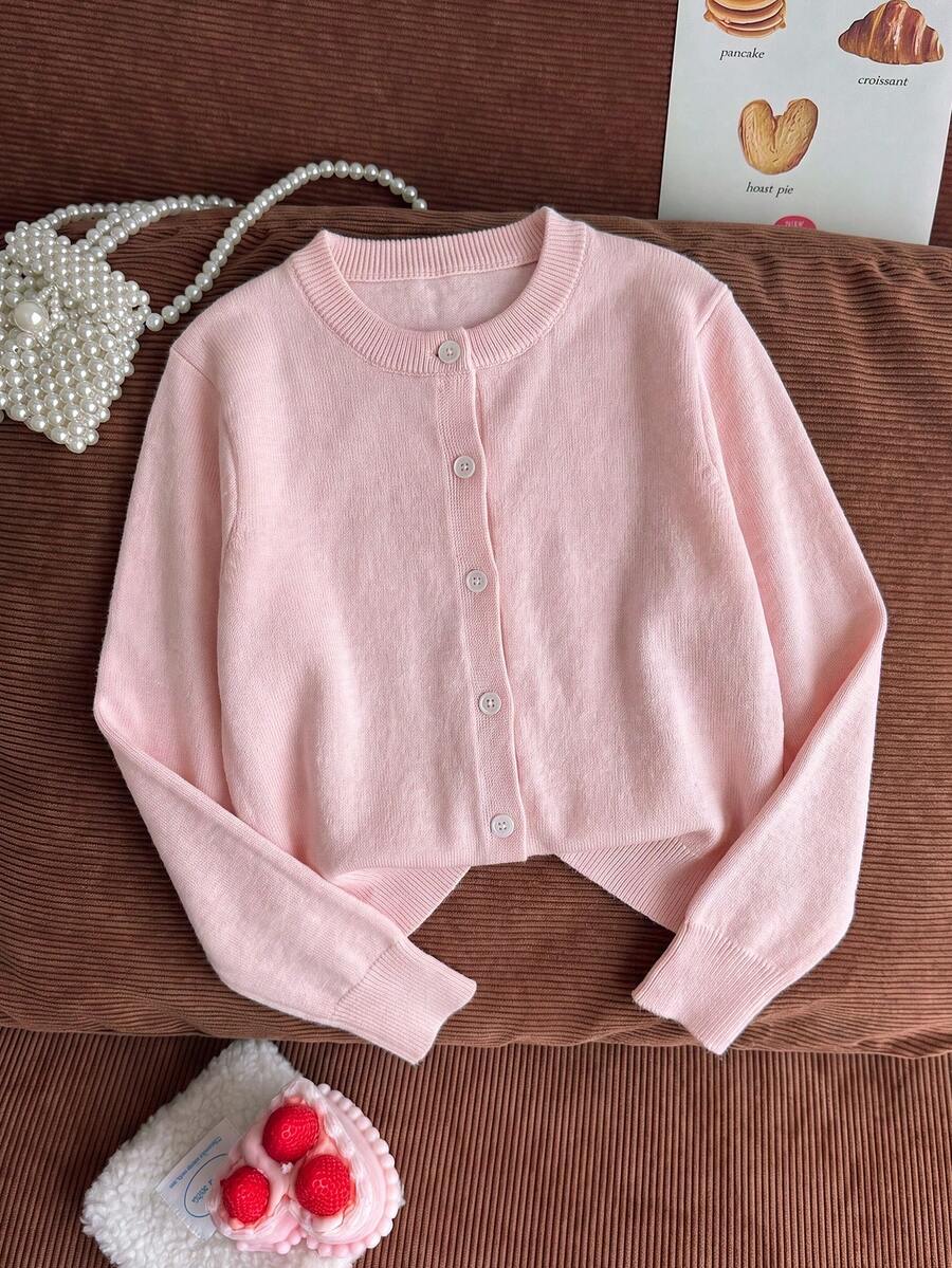 1pc Girls Big Tween Girl Autumn/Winter New Button-Up Cardigan Sweater, Simple Cute Casual Sports Long Sleeve Top - Pink - View 1