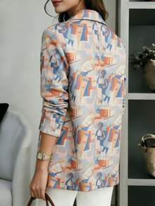 Women Long Sleeve Geometric Lapel Blazer, Open Front Jacket With Side Pockets, Chic Commuter Outerwear For Office & Daily, Spring Summer Autumn Winter - Orange - View 11