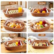 Woven Plastic Rattan Service Basket With Transparent Dust Cover, Essential Kitchen Accessory For Summer Holidays, Food Display Tray, Storage For Bread, Fruit, Desserts, Suitable For Bakery, Home Kitchen, Restaurant - Multicolor - View 2