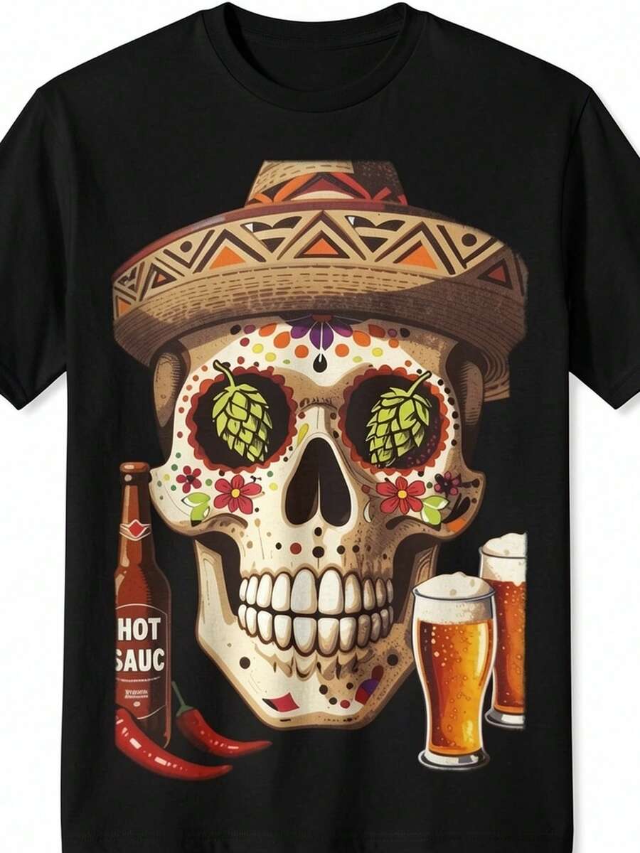 Men's Short-Sleeved T-Shirt With A Mexican Skull Design, Perfect For Wearing In Spring And Summer.This Casual T-Shirt Is Comfortable, Breathable. - 黑色 - 查看 1