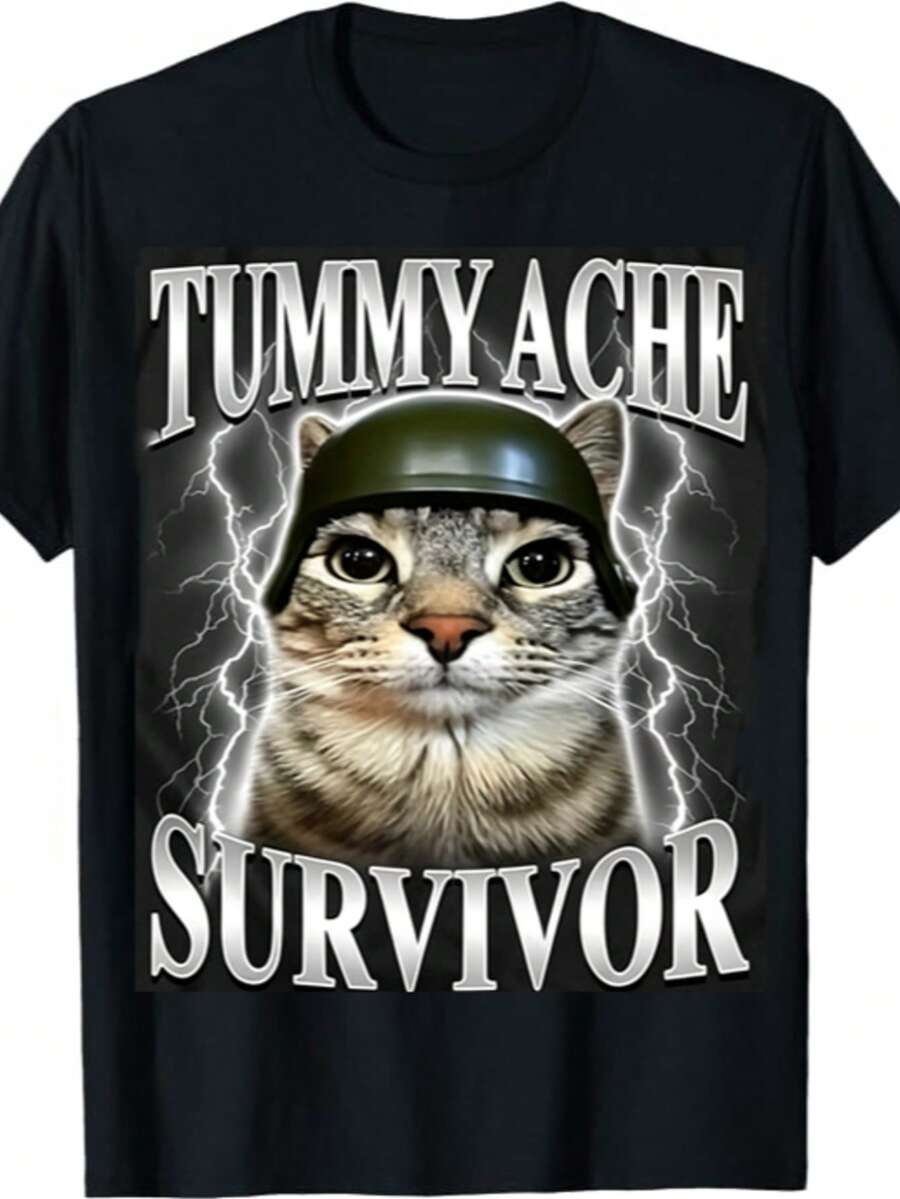 Funny Cat Meme T-Shirt For Men – 'Tummy Ache Survivor' Sarcasm Humor, Casual Round Neck Tee,Meme Shirts, Graphic Tee - 黑色13 - 查看 1