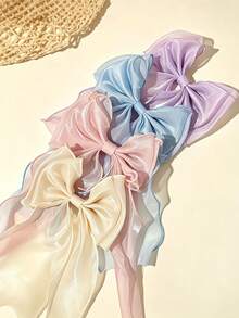 4pcs Sweet Party College Style Fairy-Like Bow Ribbon Hair Clips, Blue Mermaid Tulle Top Clip, Elegant Mesh Duckbill Hair Accessory - Multicolor - View 3