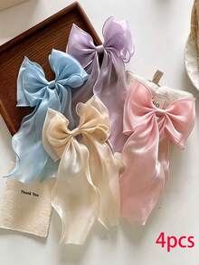 4pcs Sweet Party College Style Fairy-Like Bow Ribbon Hair Clips, Blue Mermaid Tulle Top Clip, Elegant Mesh Duckbill Hair Accessory - Multicolor - View 6