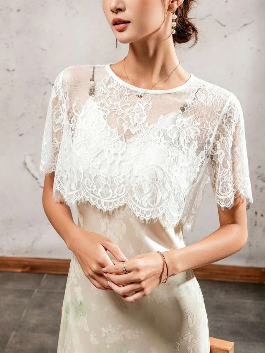 復古睫毛蕾絲披肩,婚紗外層裝飾,百搭短版波羅披肩,白色蕾絲披肩,女款洋裝細肩帶外層,小背心 - 白色 - 查看 1