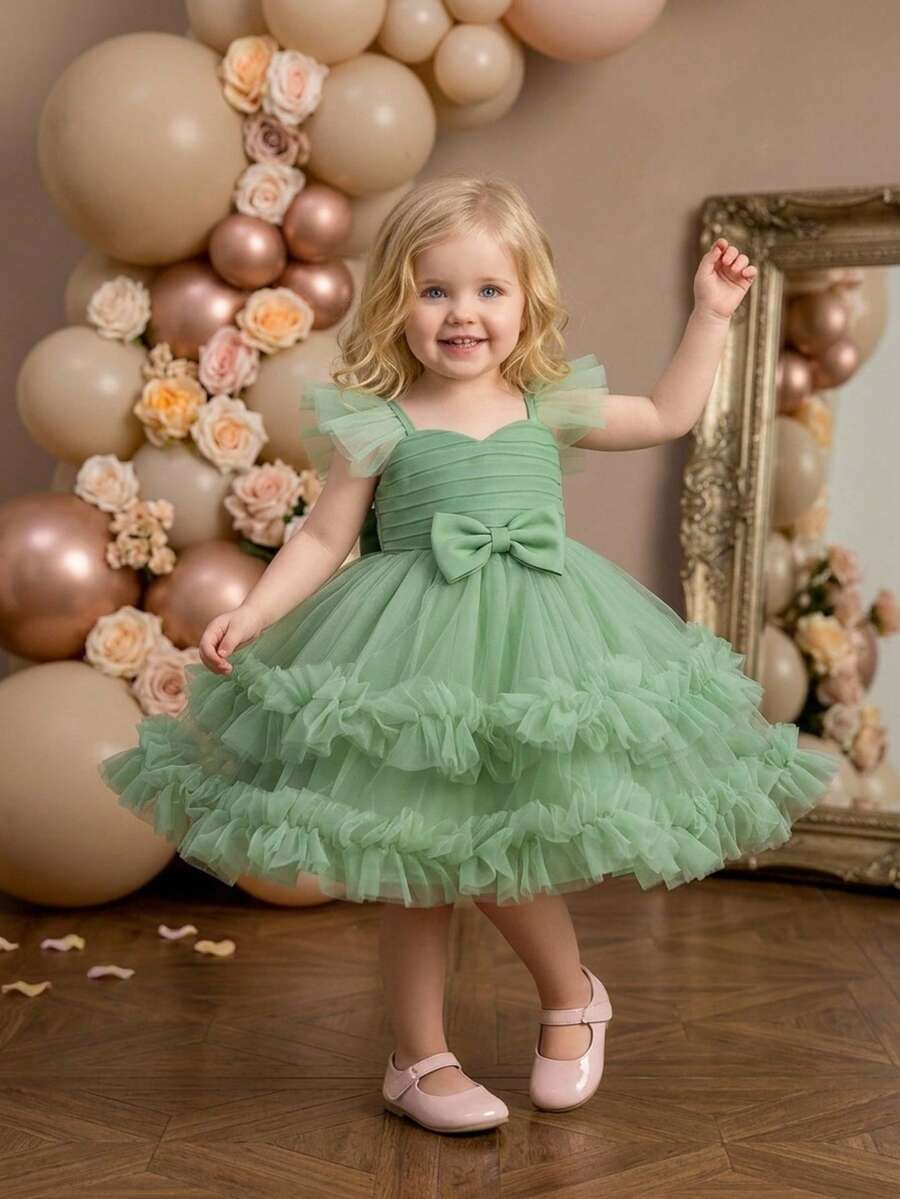 Baby Girls Bow Tulle Cute Wedding Dress Suitable For Birthday Party, Headband Not Included - Green - View 1