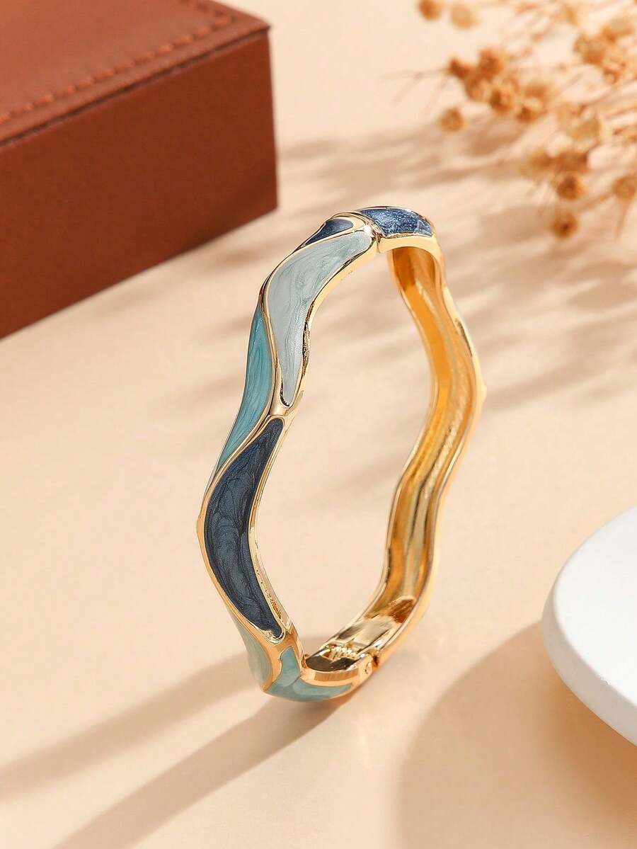 rundraw 1 buah Gelang Enamel Berlapis Emas Bentuk Asimetris yang Modis, Hadiah Perhiasan untuk Wanita & Anak Perempuan - MultiWarna - View 1