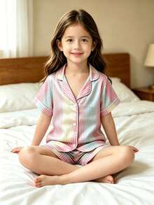 Pyjama en soie de glace à rayures macaron pour filles, ensemble de détente d'été rafraîchissant à manches courtes & shorts - Jaune citron - Voir 3