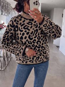 Plus Size Leopard Print Fashion Vintage Long Sleeve Knit Top - Multicolor - View 2