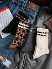1/4 Packs Womens Leopard Pattern Striped Trim Ribbed Cotton Elastic Mid Socks Fall Winter Daily Street Style Holiday Present Socks - Multicolor - View 2