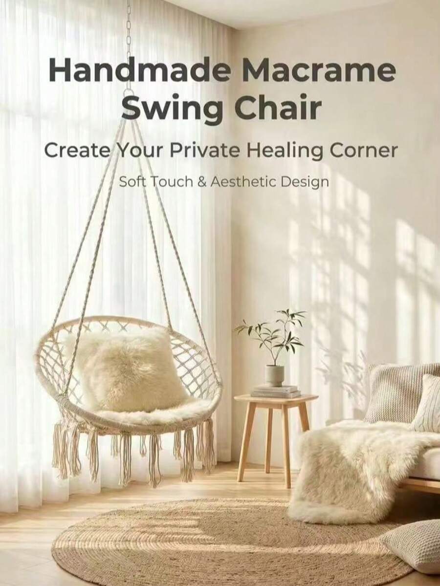 Boho Style Rope Hammock With Ruffle Tassels, Creamy Black Colours, For Indoor And Outdoor Use, Ideal For Bedroom, Balcony, Garden And Terrace, With Soft Cushion