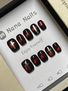 1pack/10pcs-Y2K Dark Altar Nails 3D Silver Cross & Burgundy Glitter Gothic Punk Aesthetic | Hot Short Coffin Nails - Burgundy - View 3