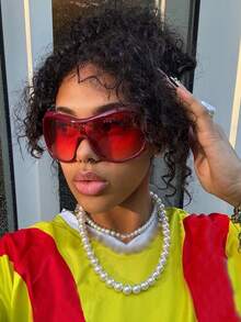 1pc Oversized Wrap-Around One-Piece Women's Glasses, Personalized Y2K Street Style Fashion Eyewear - Red Frame Red Tablet - View 1