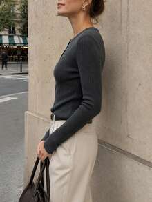 Women's Solid Color Fitted Versatile Daily Wear Long Sleeve Top - Dark Grey - View 6