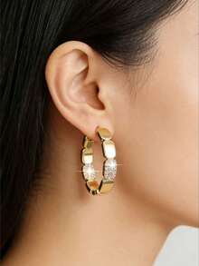 rundraw 1 Pair Luxury Copper Zirconia Geometric Round Hoop Earrings, Fashionable Party & Date Gift For Women - Gold - View 2