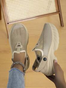 Women's Fashion Mesh Fabric Wedge Platform Backless Sandals, Casual Slip-On Slides, 2-In-1 Wearable Shoes - Khaki - View 3